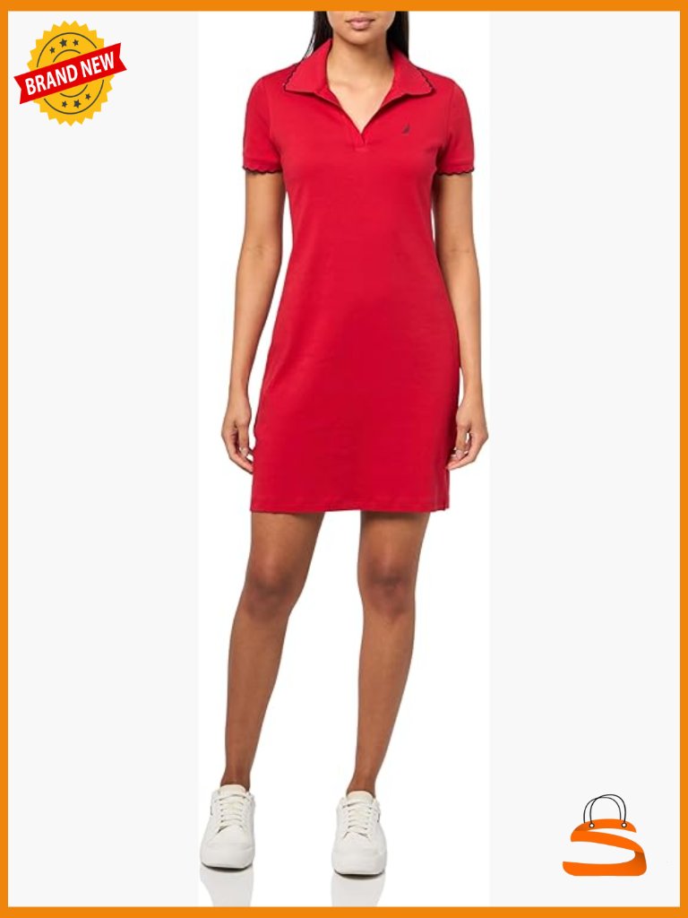 Women's Short Sleeve Solid Scalloped Trim Polo Dress Casual Midi